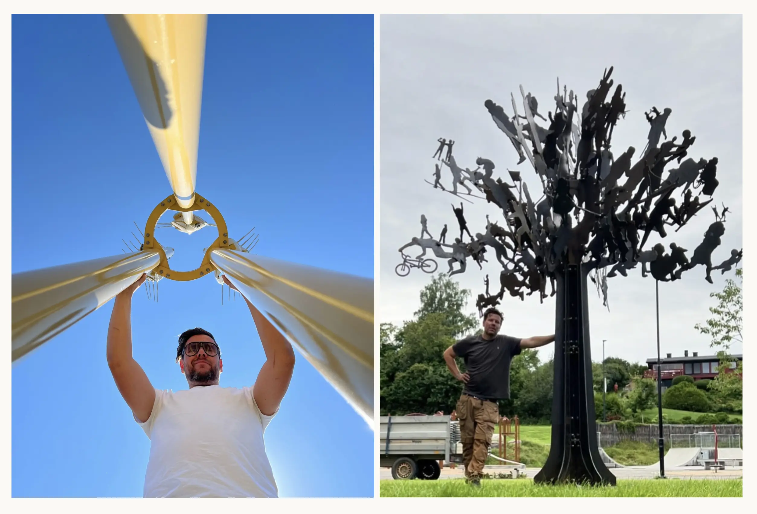 Kjetil Aschim med sine to kunstverk, gul søyle, og gjenbrukstre