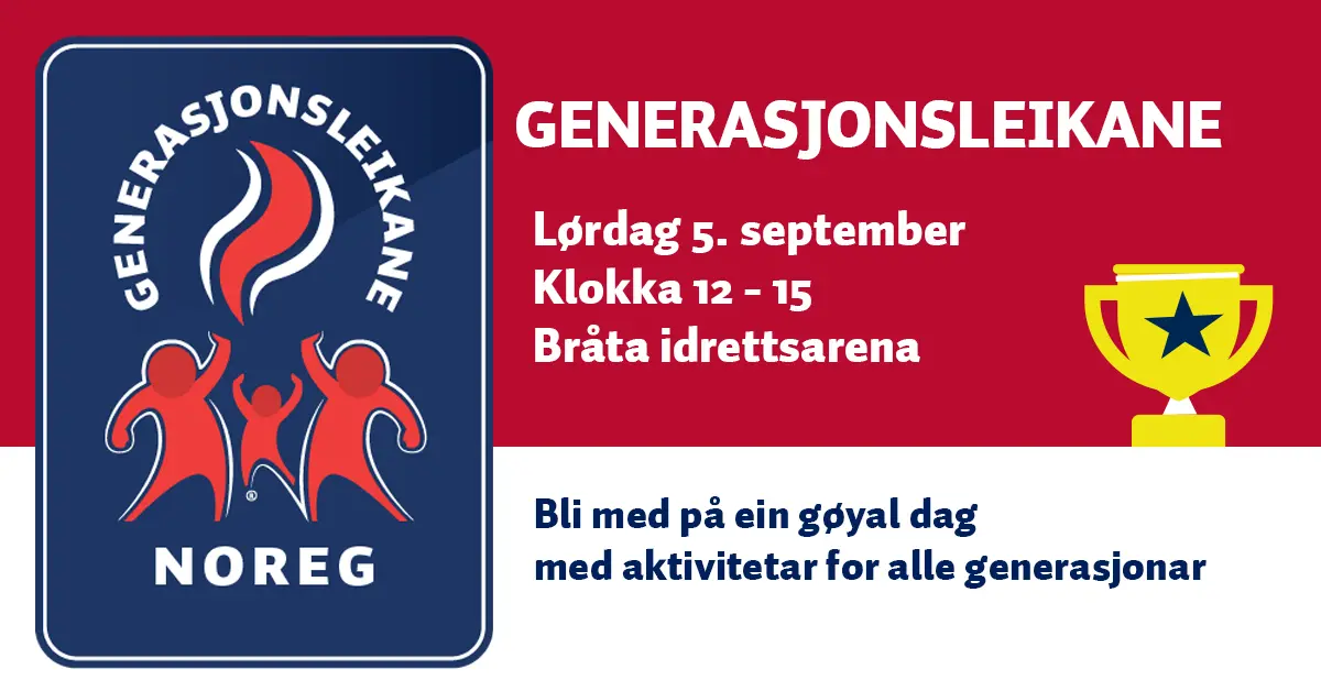 Plakat til Generasjonslekene 2026. Plakaten inneholder følgende informasjon: dato: 5.september kl: 12:00-15:00 sted: Bråta Idrettspark