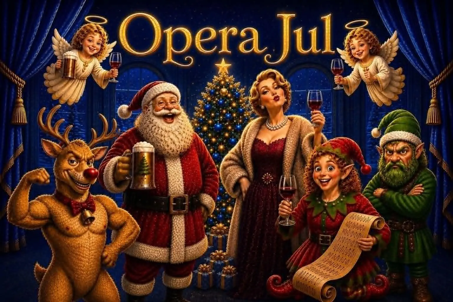 Ai-bilde av kjente julekarakterer på scenen foran juletreet.