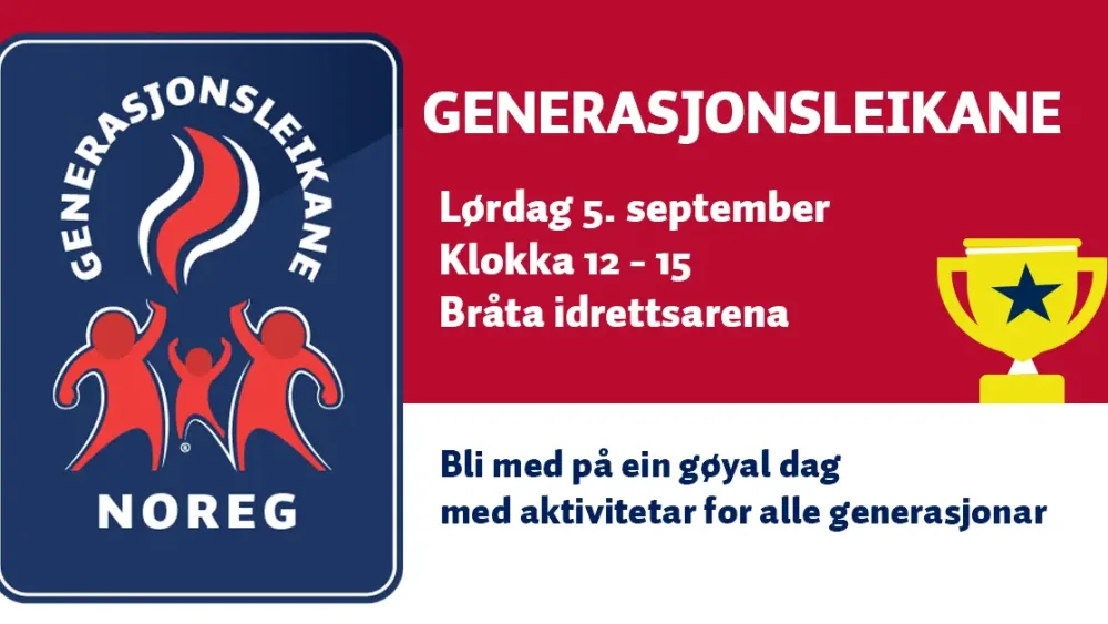 Plakat til Generasjonslekene 2026. Plakaten inneholder følgende informasjon: dato: 5.september kl: 12:00-15:00 sted: Bråta Idrettspark