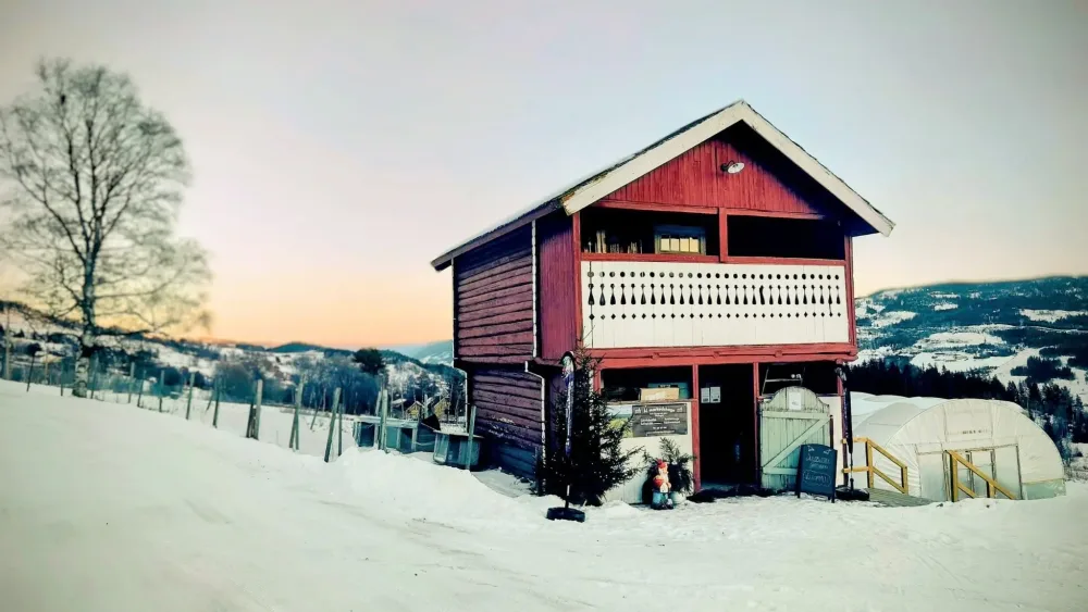 Bilde av et julepynte stabbur i Ål Markedshage