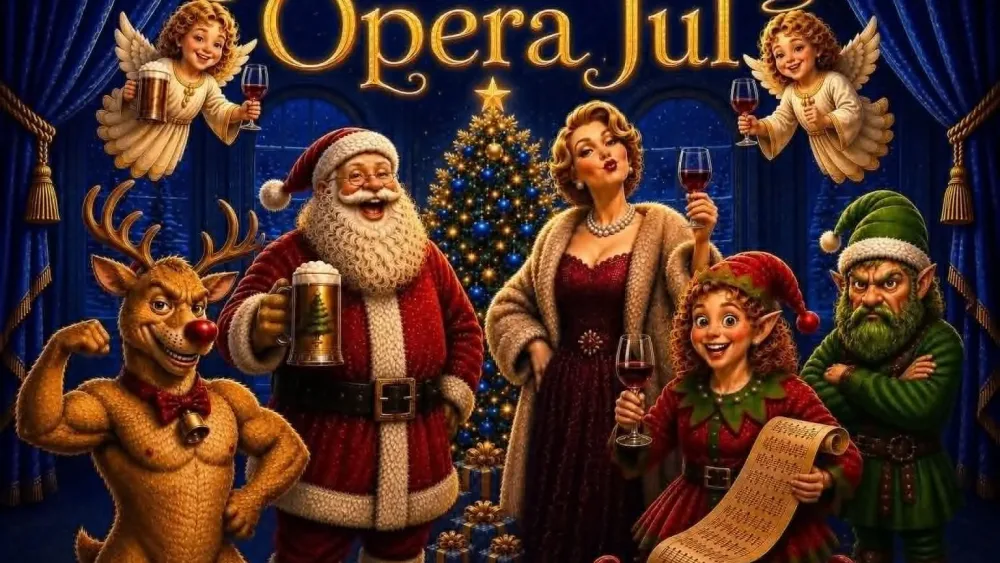 Ai-bilde av kjente julekarakterer på scenen foran juletreet.