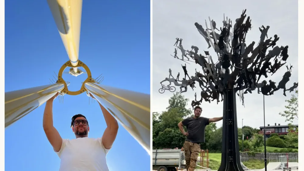 Kjetil Aschim med sine to kunstverk, gul søyle, og gjenbrukstre